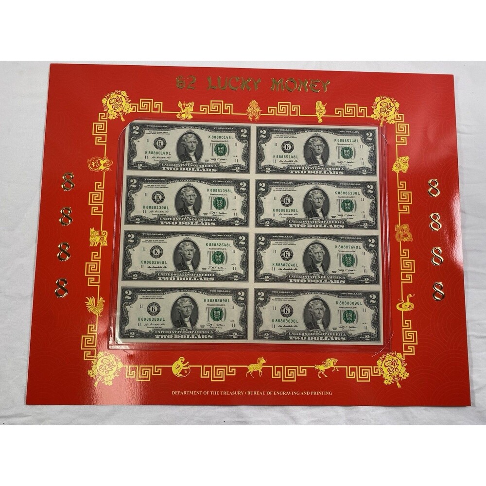 $2 8888 Lucky Money Sheet 8 Uncut Notes 2009 Series K8888xxx8L K88888898L